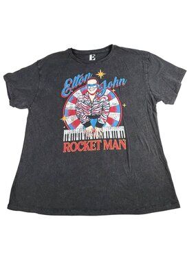 Elton John Rocket Man Graphic T-Shirt Sz L Black Crewneck Cotton Short Sleeve